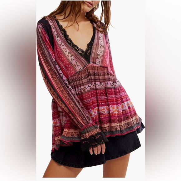 Free People NWT Natalie Boho Print Lace Long Sleeve Vneck Slip/Tunic Top XS - Picture 3 of 15